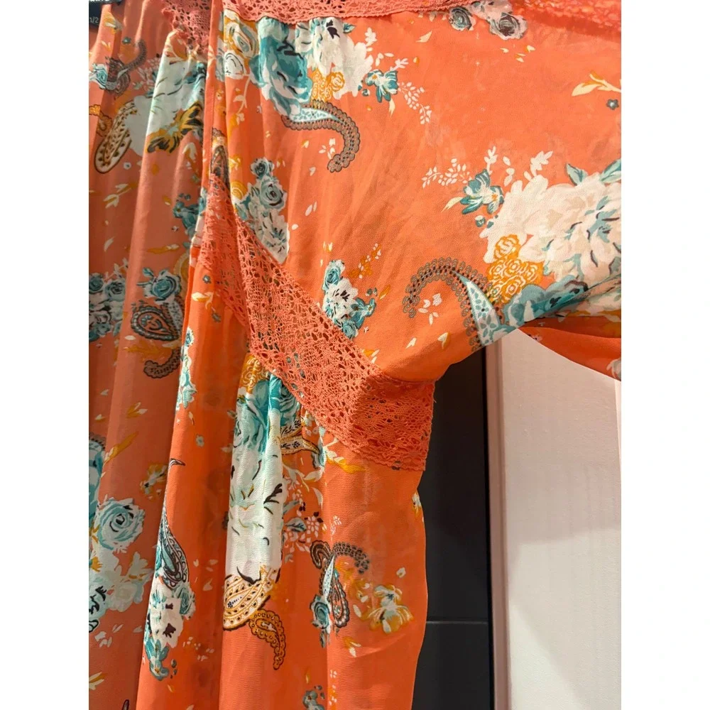 Torrid Orange Floral Paisley Crochet Lace Trim Kimono Cardigan Plus Size 1/2 - Picture 4 of 6
